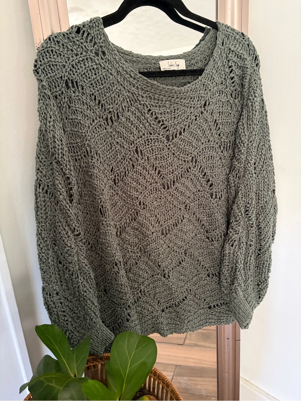 Sadie & Sage Sage Green Open-Knit Crewneck Sweater